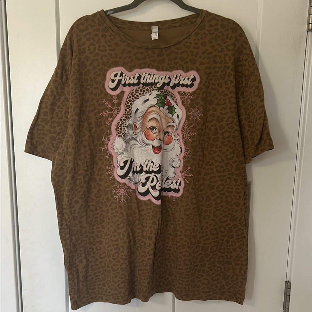 Festive Brown Leopard Santa Tee